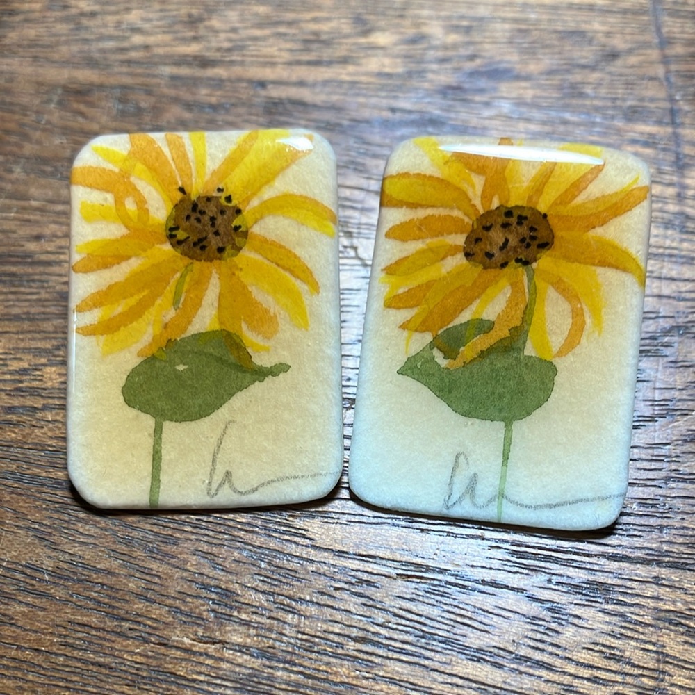 Artisan Unique Hand‎ Painted Signed Sunflower Rectangle Post Pierced Earrings